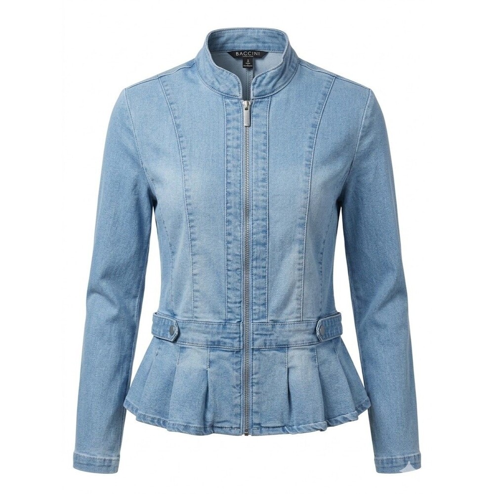 Baccini Denim Jacket S Womens Light Zip Up Peplum Pleated Jean Blazer Small